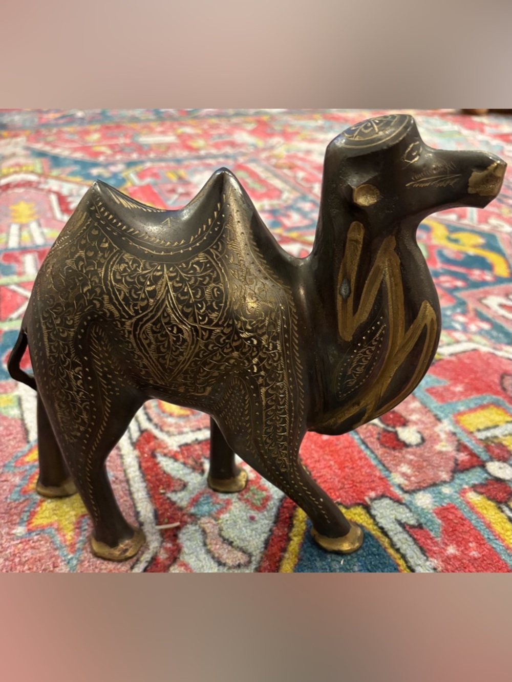 Brass Camel Figurine with Intricate Engraving - Dark Brass